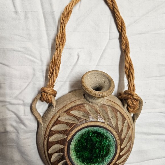 Wall Pocket Canteen Vase Stoneware w/Crackle Glass Art Pottery Hanging Decor - Picture 2 of 12